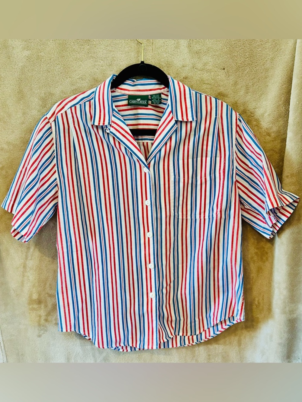 Cabin Creek Red Blue Stripe Button Shirt Short Sleeve Cotton Blend S